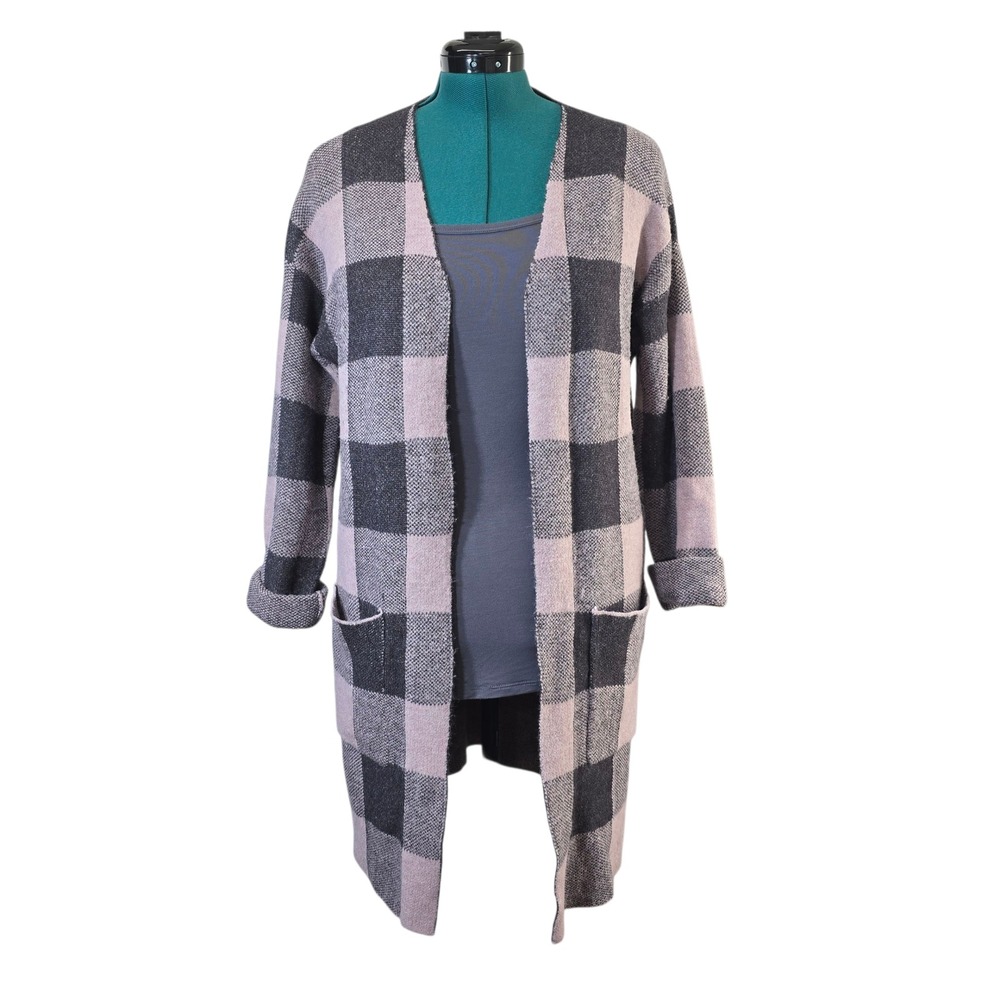Active USA Duster Cardigan Open Front Plaid Knit Longline Pockets Large
